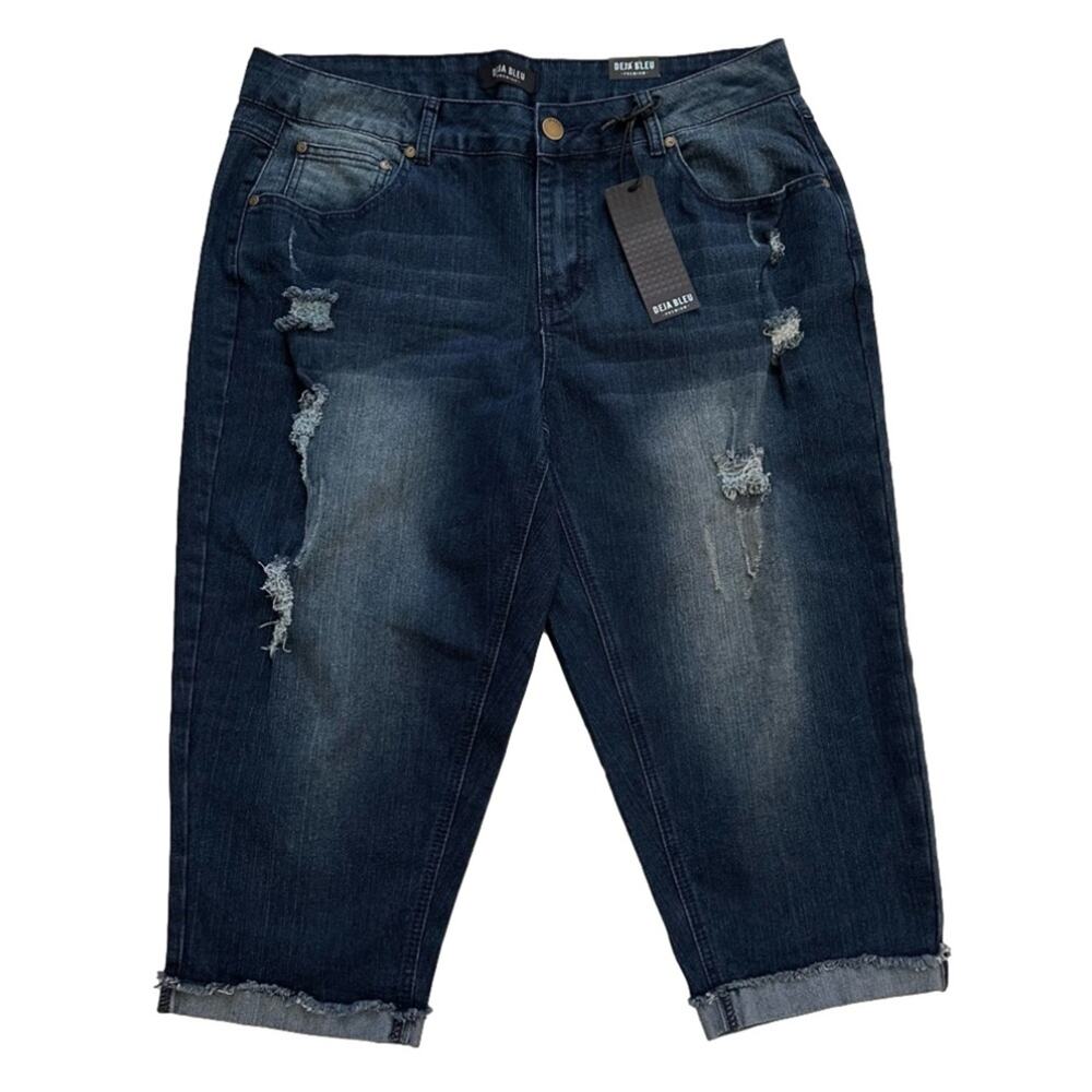 Deja Bleu Capri Jeans High Rise Distressed Stretch Cuff Denim Capri Size 18 NEW